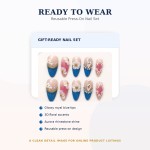 Luxury 3D White Flower Press‑On Nails, Royal Blue French Tips with Aurora Rhinestones & Gold Beads, Medium‑Long Almond False Nails